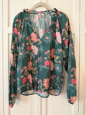 dylan Teal Floral V-Neck Peasant Blouse